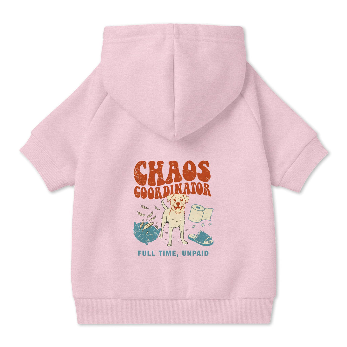 Chaos Coordinator Dog Hoodie in Pink, back view — SniffWaggleNWalk™