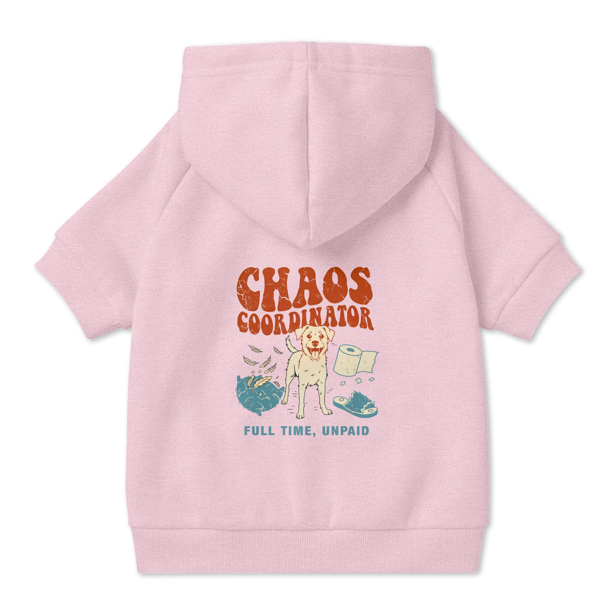 Chaos Coordinator Dog Hoodie in Pink, back view — SniffWaggleNWalk™