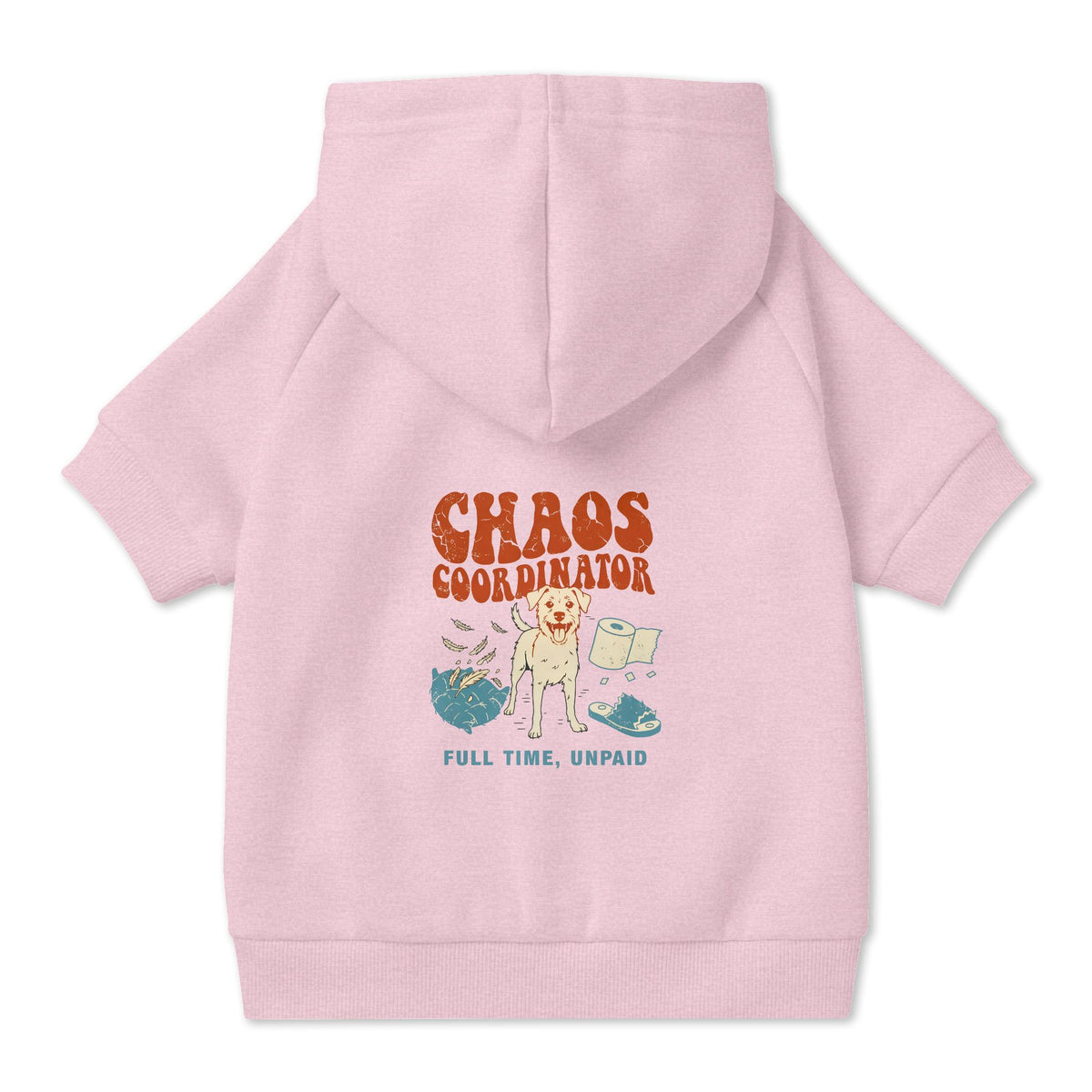 Chaos Coordinator Dog Hoodie in Pink, back view — SniffWaggleNWalk™