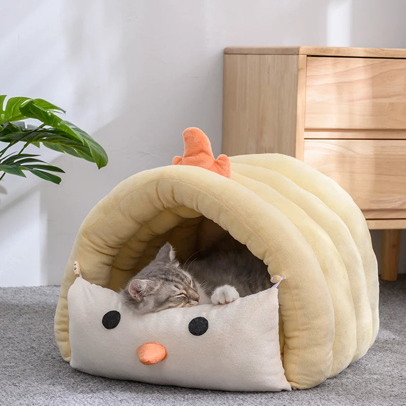 PawBurrow chick design animal cave pet bed — yellow plush dome with character face panel — SniffWaggleNWalk