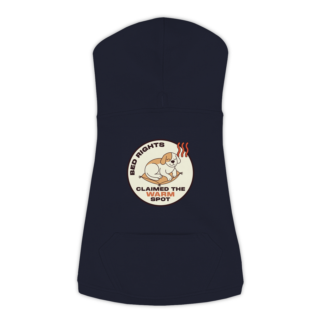 Claimed The Warm Spot funny dog hoodie in navy, sizes L to 3XL