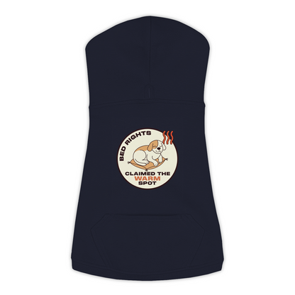 Claimed The Warm Spot funny dog hoodie in navy, sizes L to 3XL