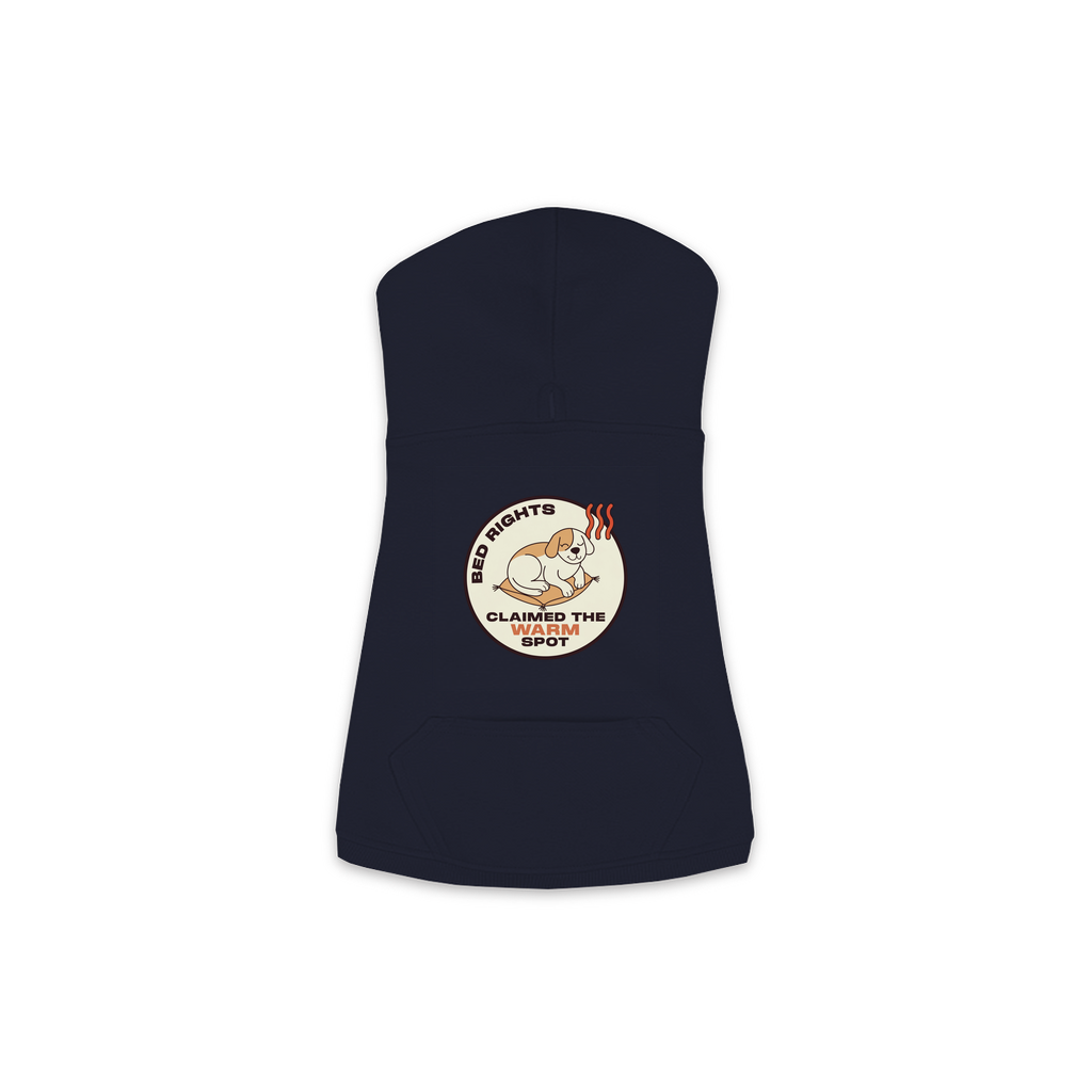 Claimed The Warm Spot dog hoodie in navy, sizes XS to M