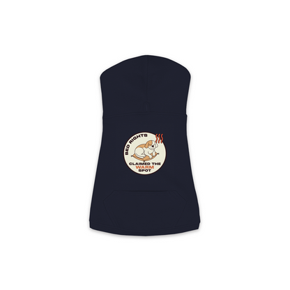 Claimed The Warm Spot dog hoodie in navy, sizes XS to M