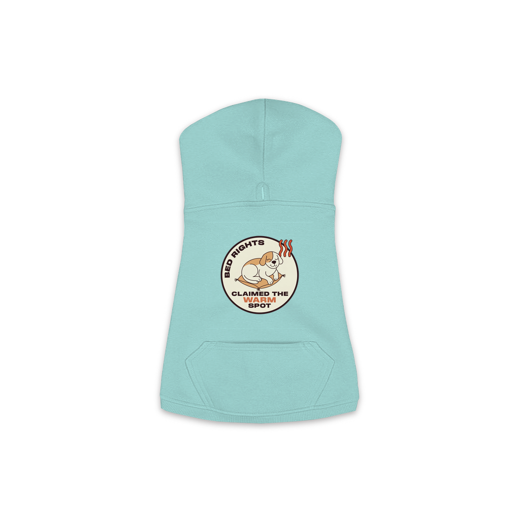 Claimed The Warm Spot dog hoodie in saltwater blue, sizes XS to M