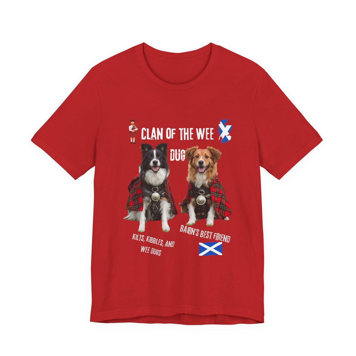 Clan of the Wee Dug black dog t-shirt flat lay, soft cotton unisex tee for Scottish dog lovers