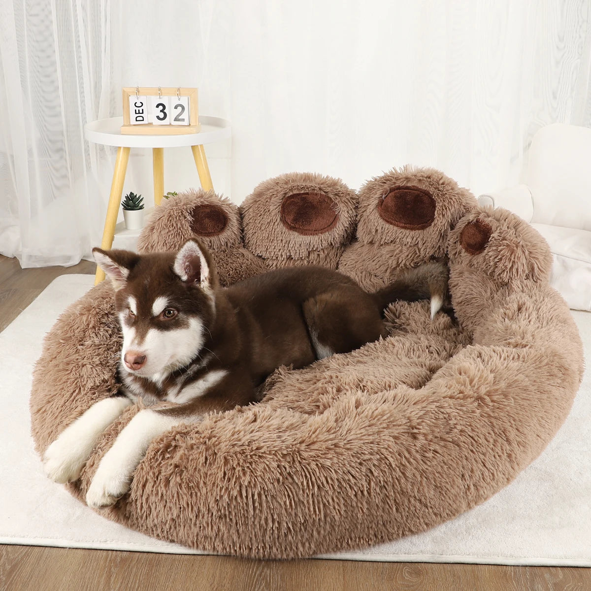 PoshPup PawCloud bear paw-shaped plush pet bed in brown — SniffWaggleNWalk