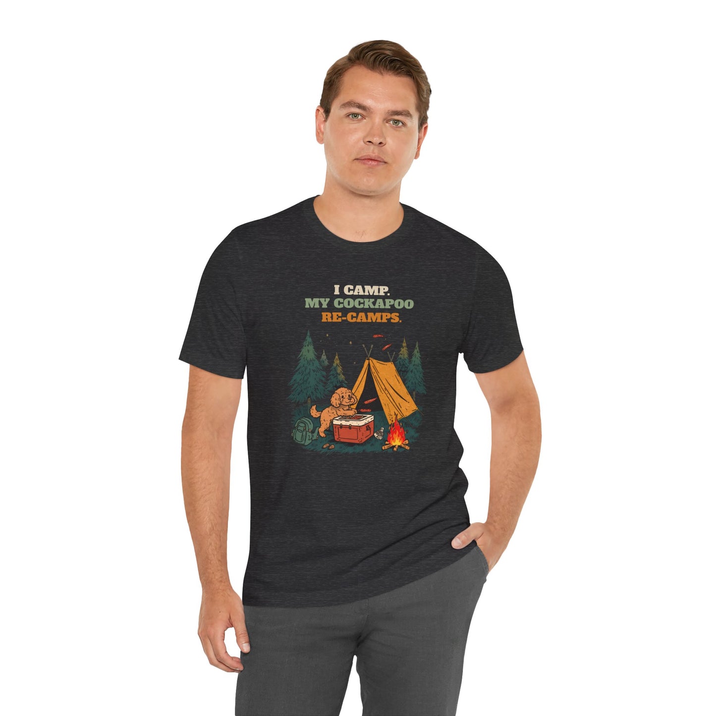 Cockapoo camping t-shirt Black Heather colourway