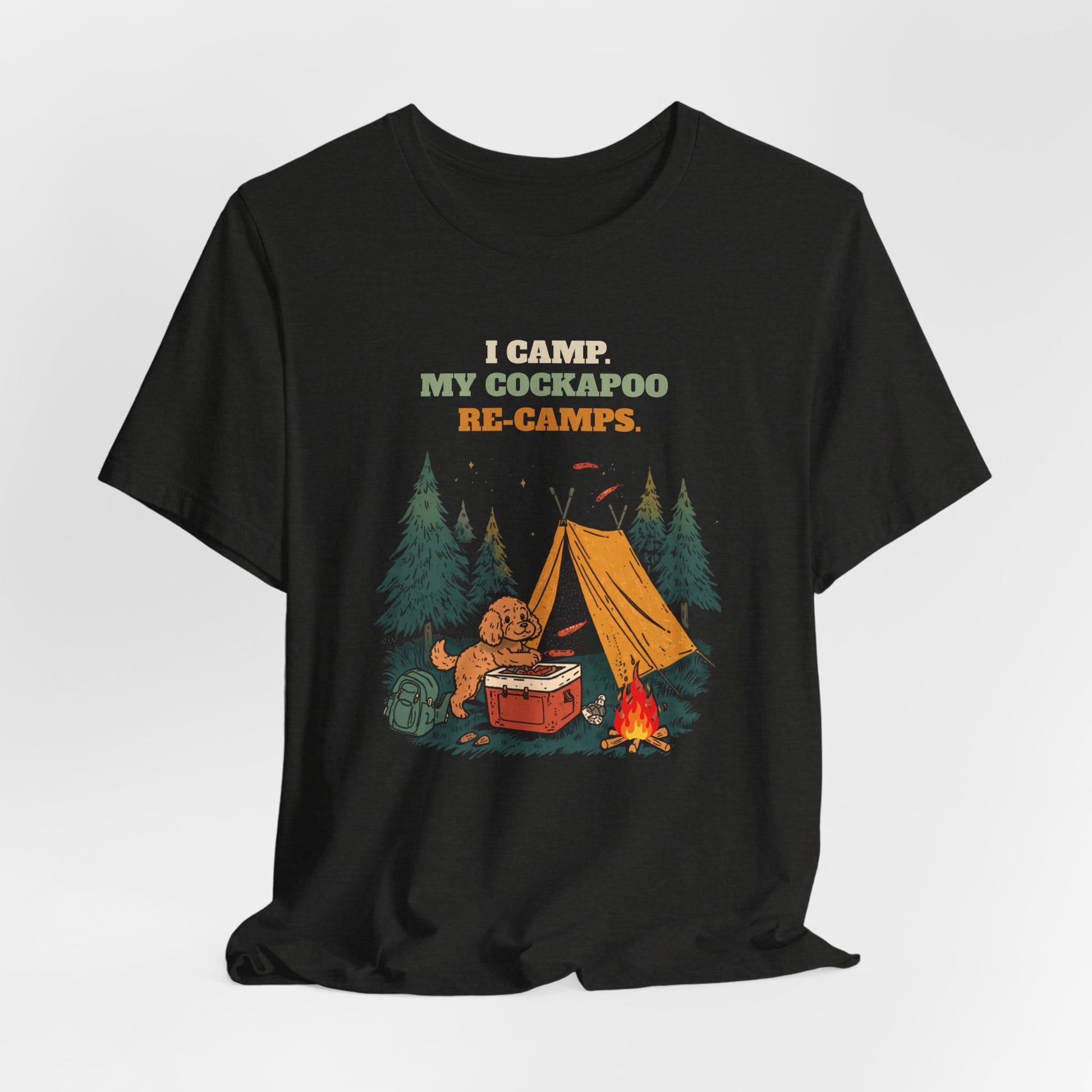 Cockapoo camping t-shirt Dark Grey Heather colourway