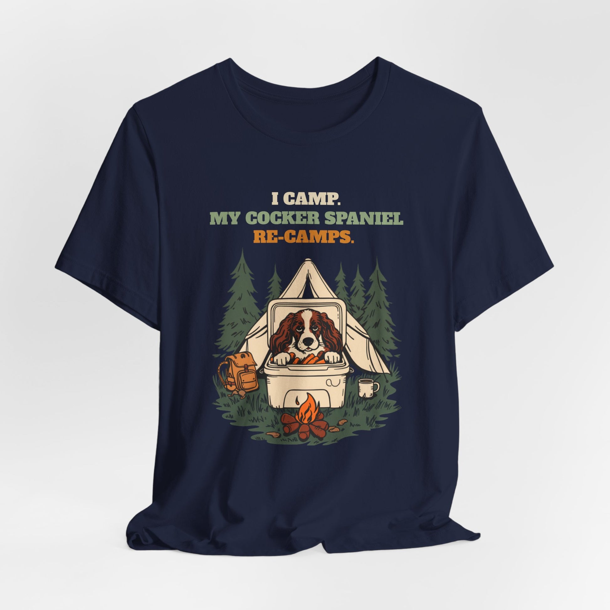Cocker Spaniel camping tee worn with dog on leash