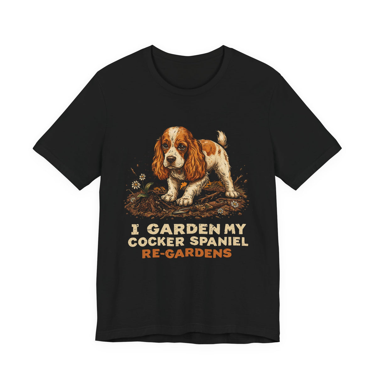 Cocker Spaniel gardening t-shirt close-up of design
