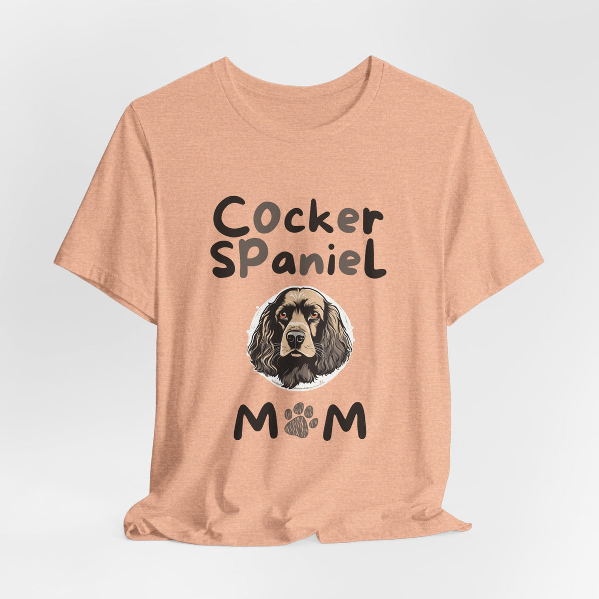Cocker Spaniel Mum t-shirt in Heather Peach, hanging front view