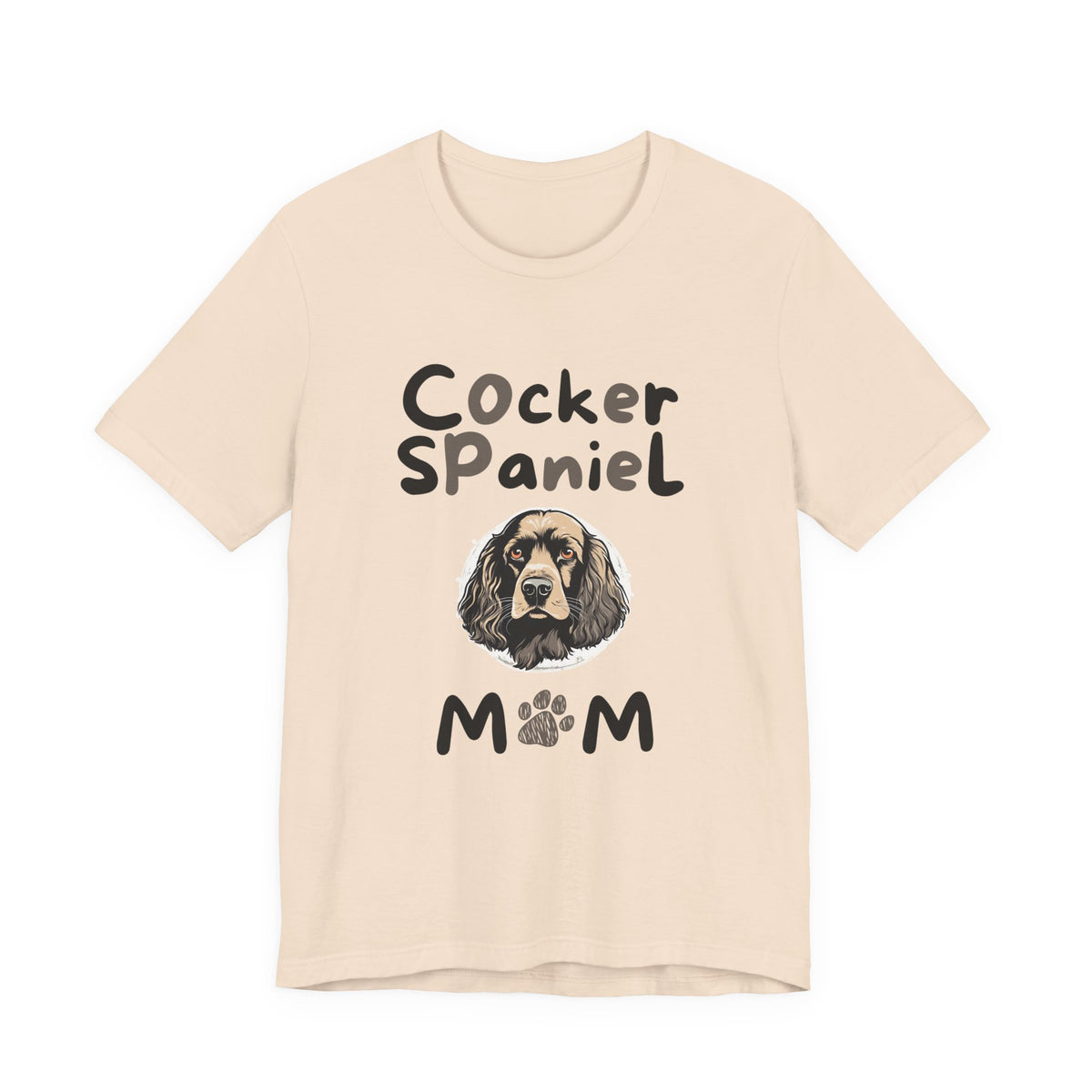 Cocker Spaniel Mum t-shirt in Soft Cream with paw-print MUM design, flat lay front view