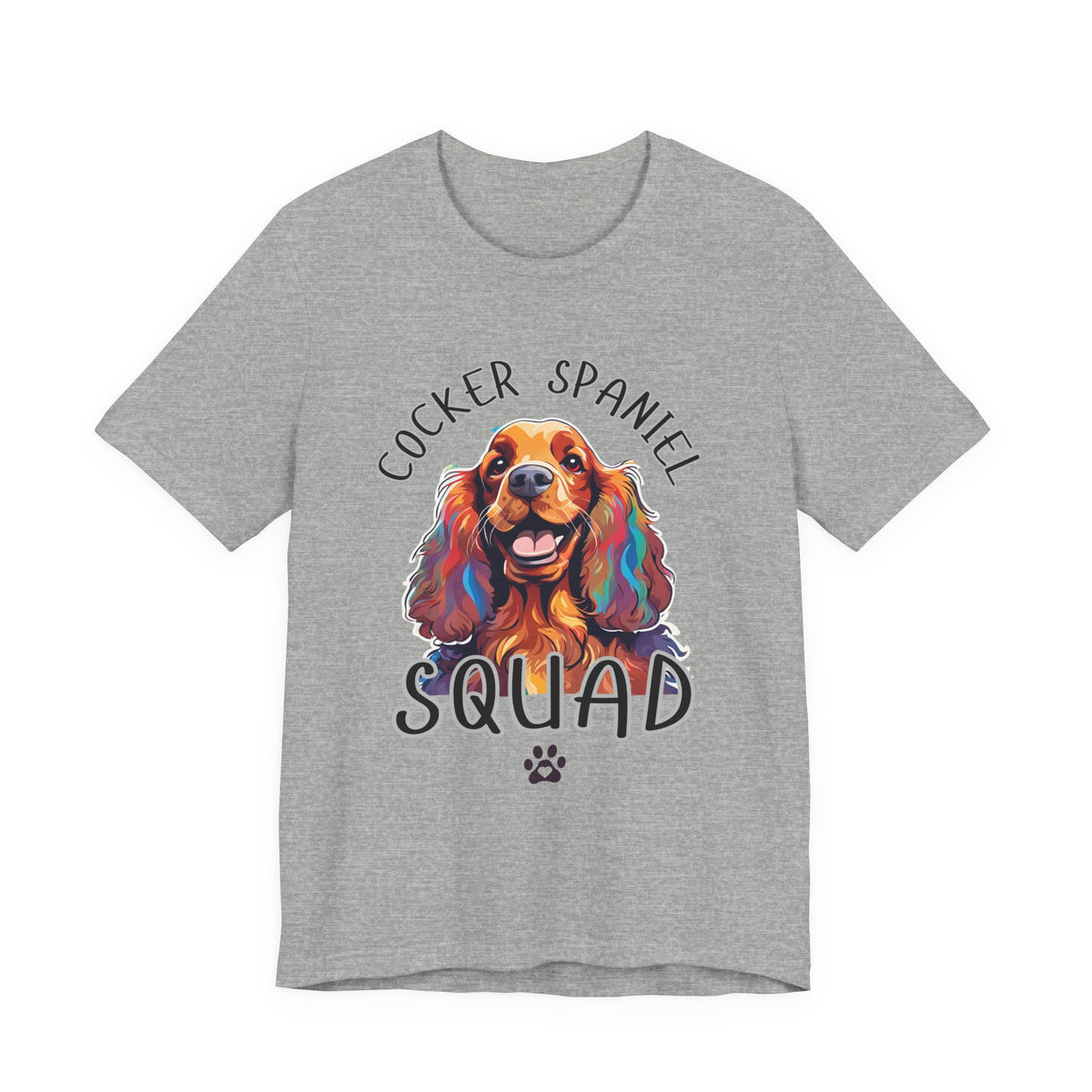 Cocker Spaniel Squad pop-art t-shirt in Athletic Heather, flat lay front view