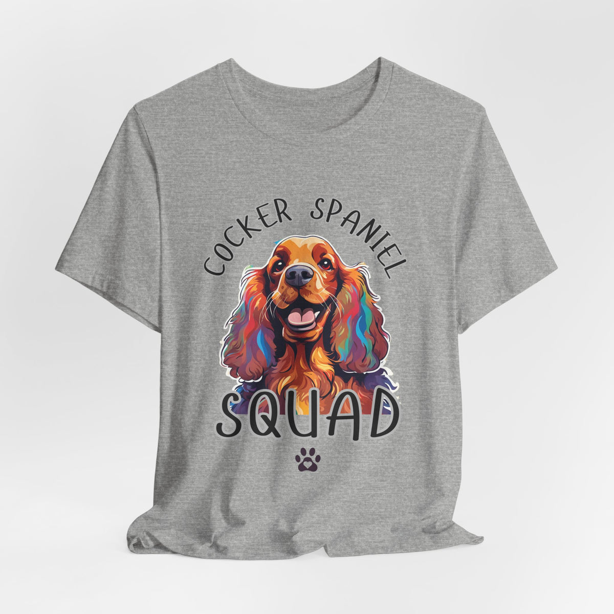 Cocker Spaniel Squad pop-art t-shirt in Athletic Heather, hanging front view