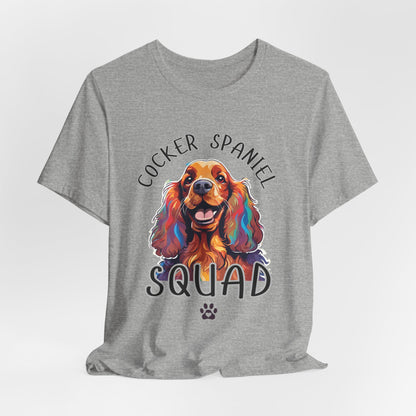 Cocker Spaniel Squad pop-art t-shirt in Athletic Heather, hanging front view