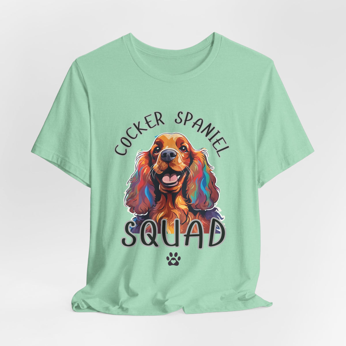 Cocker Spaniel Squad pop-art t-shirt in Heather Mint, hanging front view