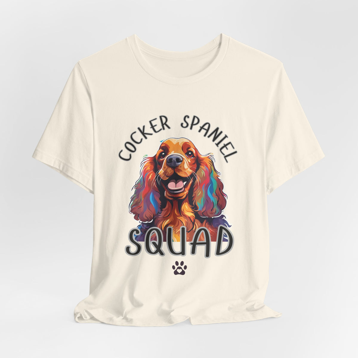 Cocker Spaniel Squad pop-art t-shirt in Natural, hanging front view