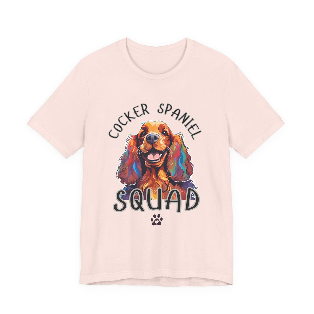 Cocker Spaniel Squad pop-art t-shirt in Soft Pink, flat lay front view