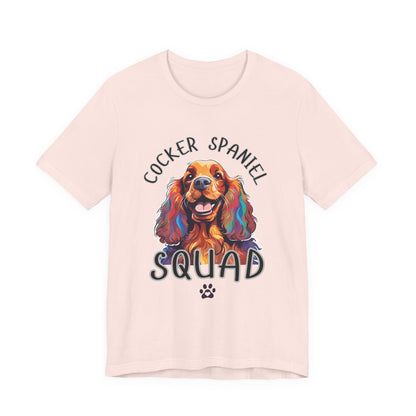 Cocker Spaniel Squad pop-art t-shirt in Soft Pink, flat lay front view