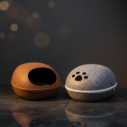 coffee and grey felt cat bed cave 
