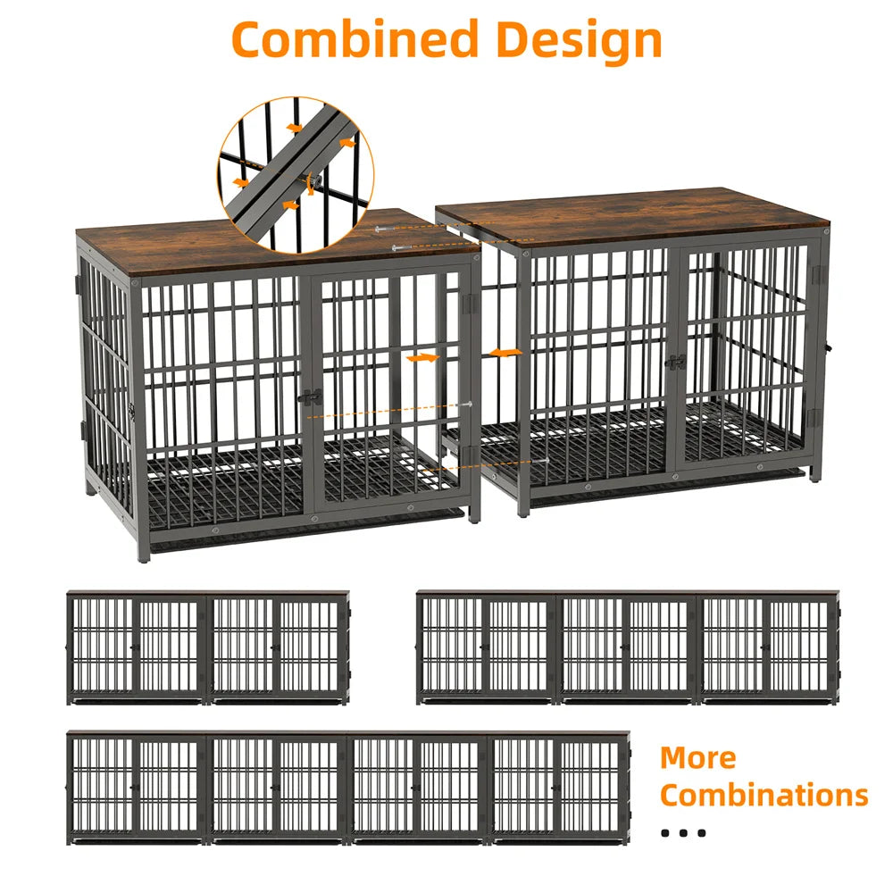 Two metal dog crates with wooden tops on a white background, showing a combined design.