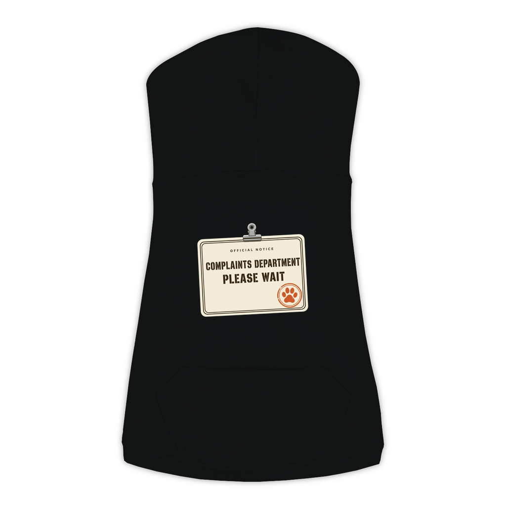 Complaints Department Please Wait funny dog hoodie in black, sizes L to 3XL