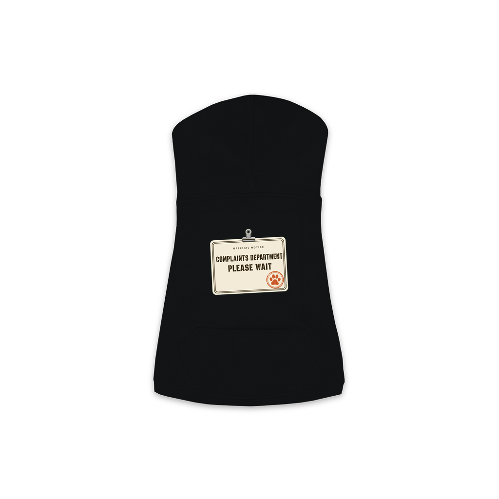 Complaints Department Please Wait dog hoodie in black, sizes XS to M