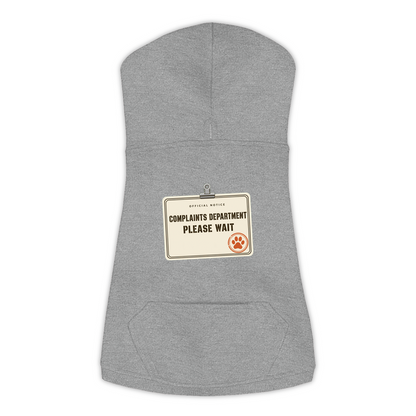 Complaints Department Please Wait funny dog hoodie in granite heather grey, sizes L to 3XL