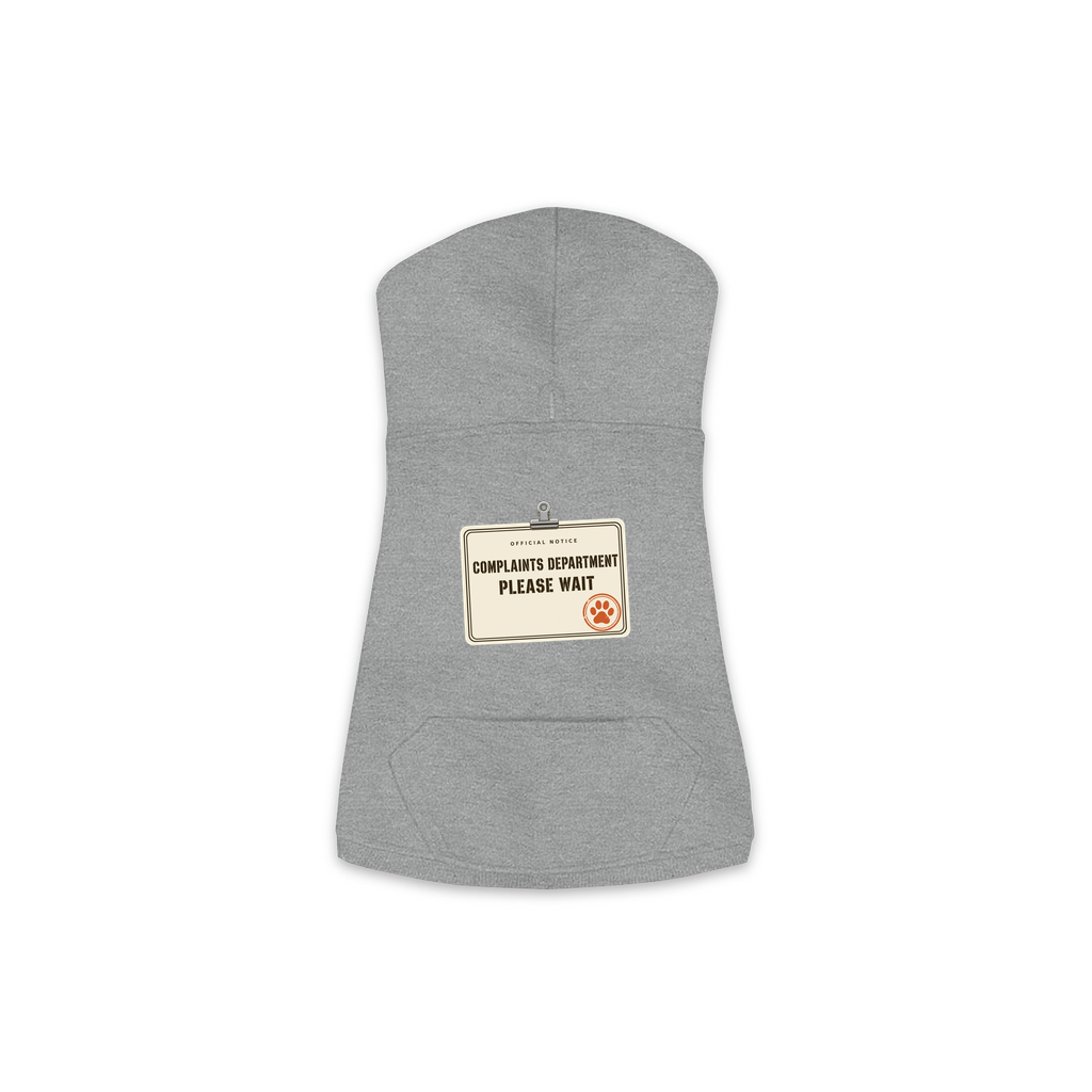 Complaints Department Please Wait dog hoodie in granite heather grey, sizes XS to M