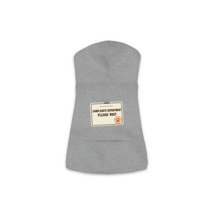 Complaints Department Please Wait dog hoodie in granite heather grey, sizes XS to M