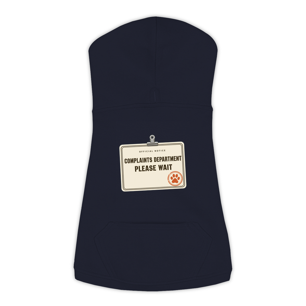 Complaints Department Please Wait funny dog hoodie in navy, sizes L to 3XL