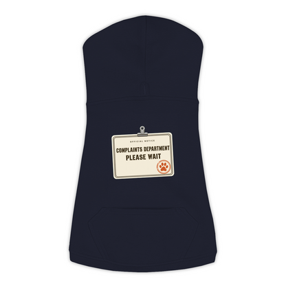Complaints Department Please Wait funny dog hoodie in navy, sizes L to 3XL