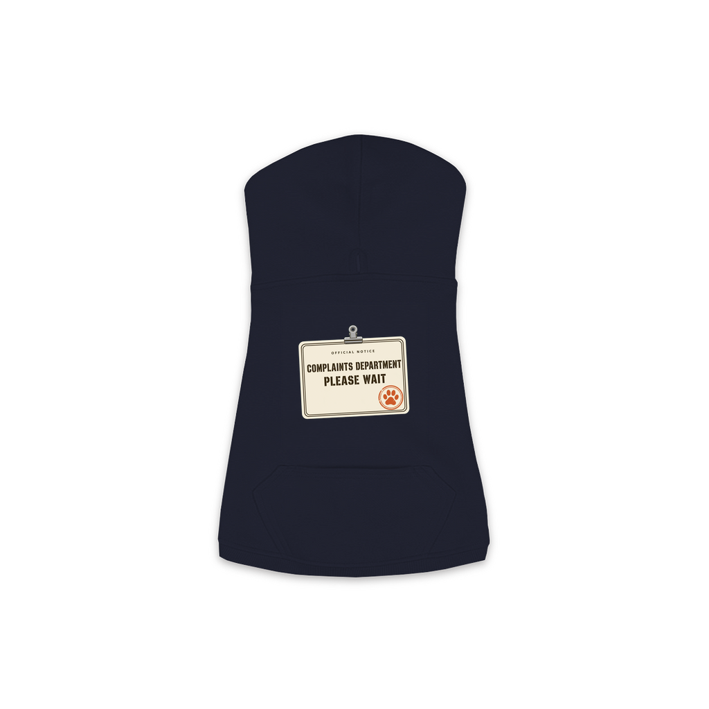 Complaints Department Please Wait dog hoodie in navy, sizes XS to M
