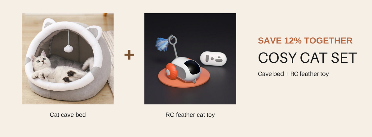 Cosy Cat Set offer banner, save 12% together, cat cave bed plus RC feather cat toy — SniffWaggleNWalk™
