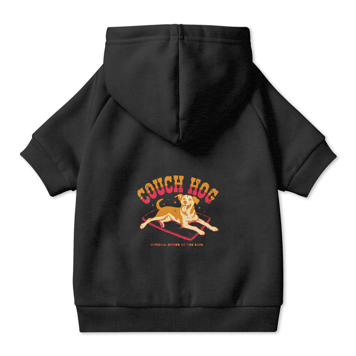 Couch Hog Dog Hoodie in Black, back view — SniffWaggleNWalk™