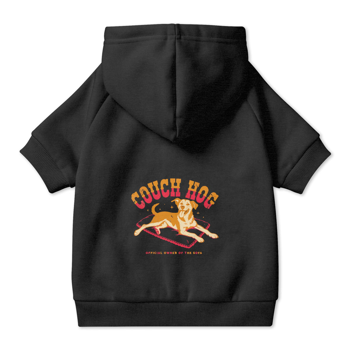 Couch Hog Dog Hoodie in Black, back view — SniffWaggleNWalk™