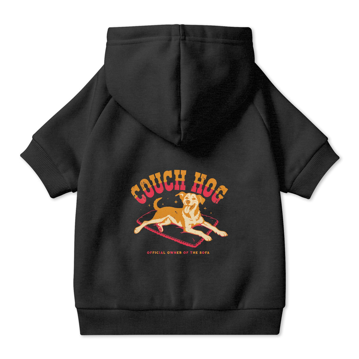 Couch Hog Dog Hoodie in Black, back view — SniffWaggleNWalk™