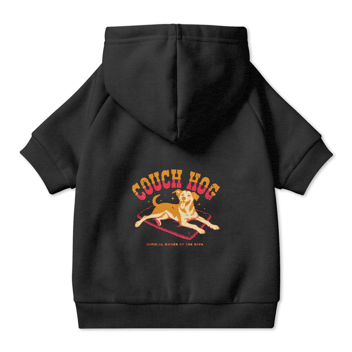 Couch Hog Dog Hoodie in Black, back view — SniffWaggleNWalk™
