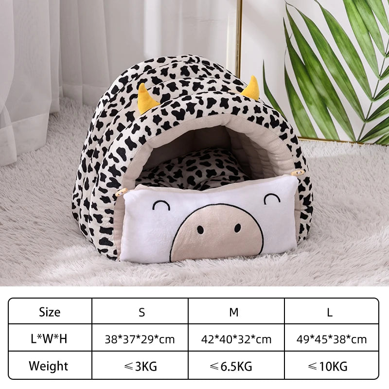 PawBurrow cow design animal cave bed — black and white cow print plush with size guide S M L — SniffWaggleNWalk
