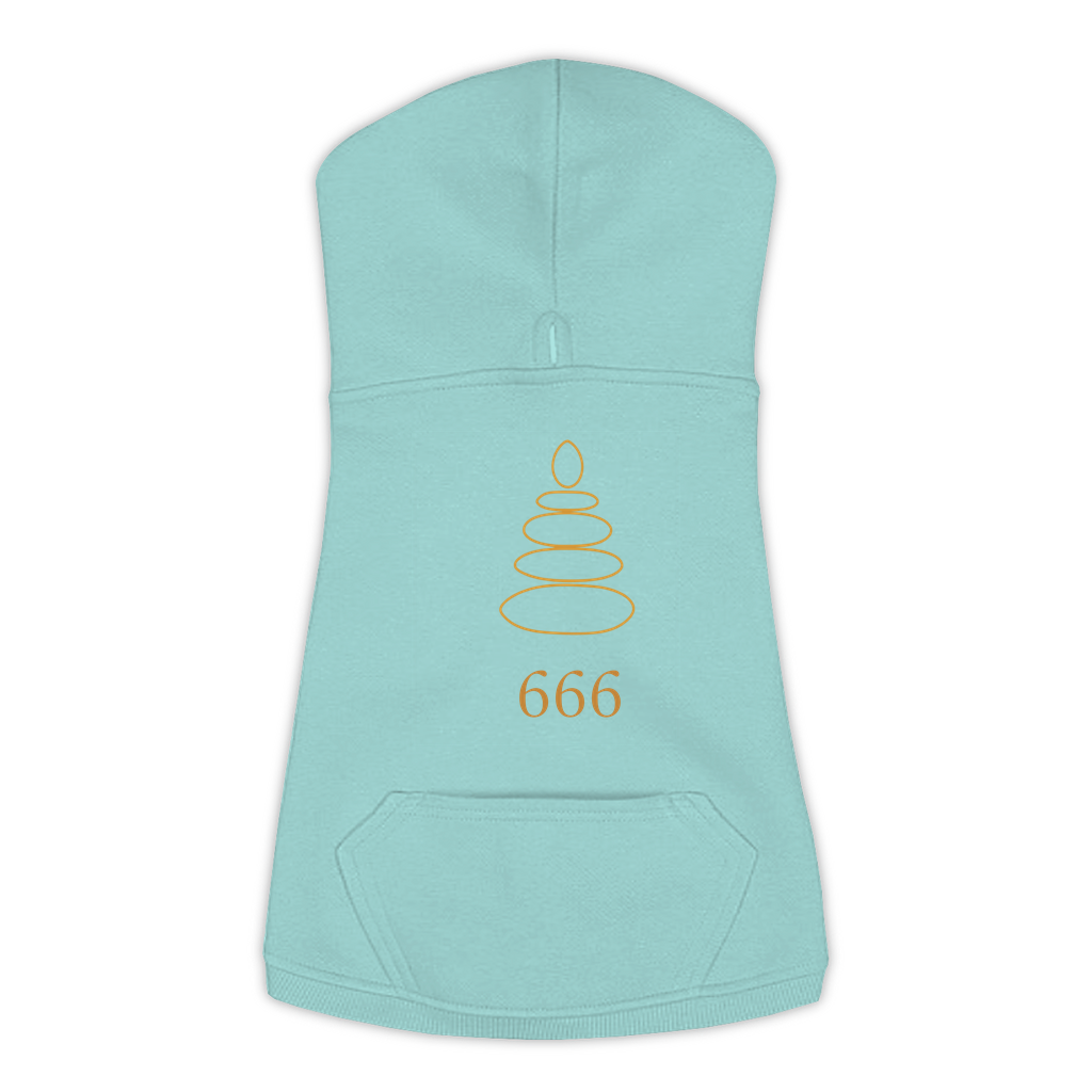 666 Angel Number dog hoodie in Saltwater — gold zen-cairn emblem and '666' print on Doggie Skins fleece pullover