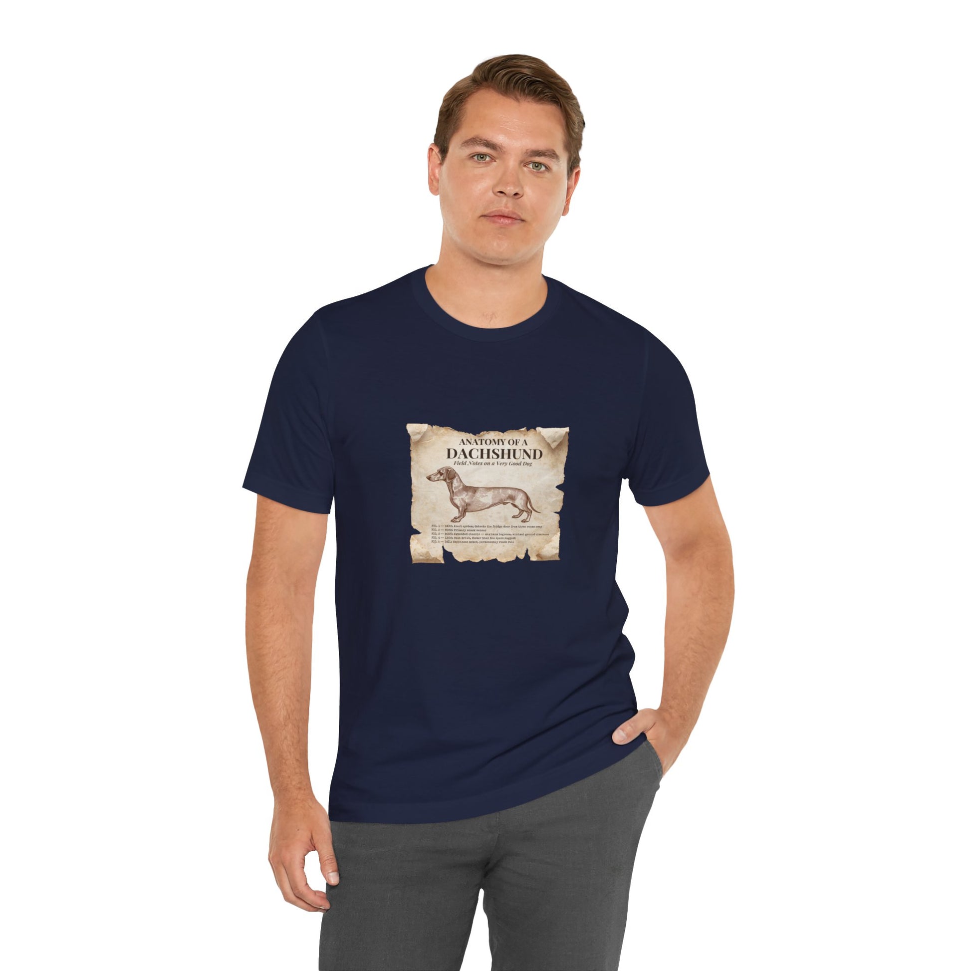 Dachshund Anatomy t-shirt worn with jeans, casual outfit