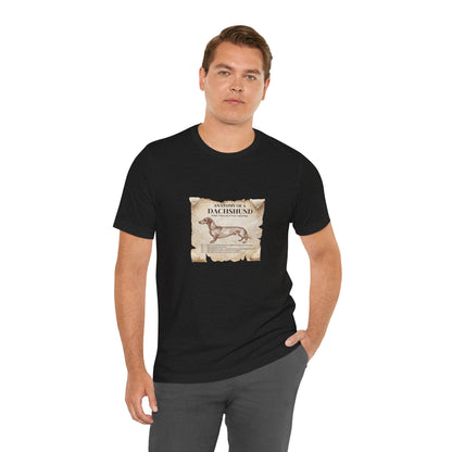 Dachshund Anatomy t-shirt flat lay, Black Heather colourway