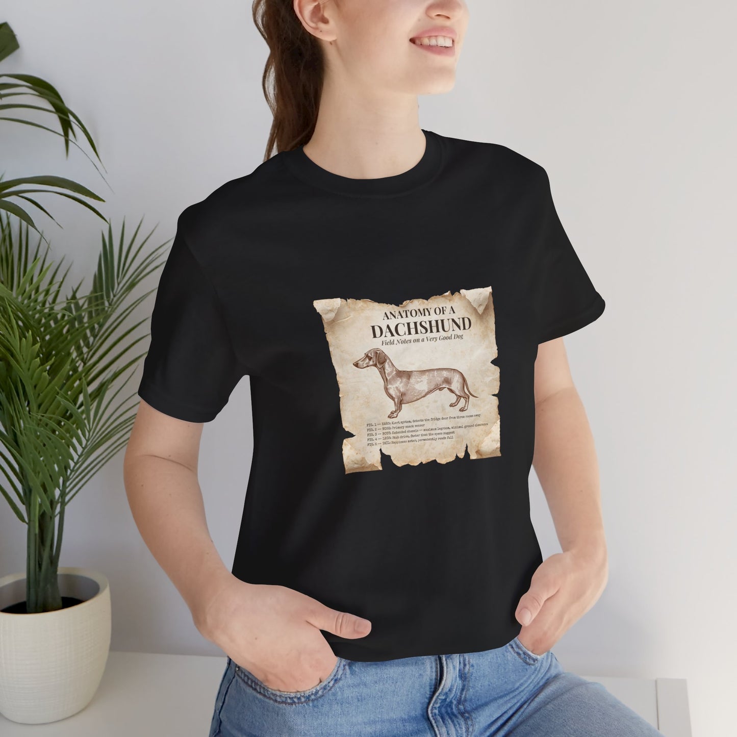 Dachshund Anatomy t-shirt worn on model, front view, Black