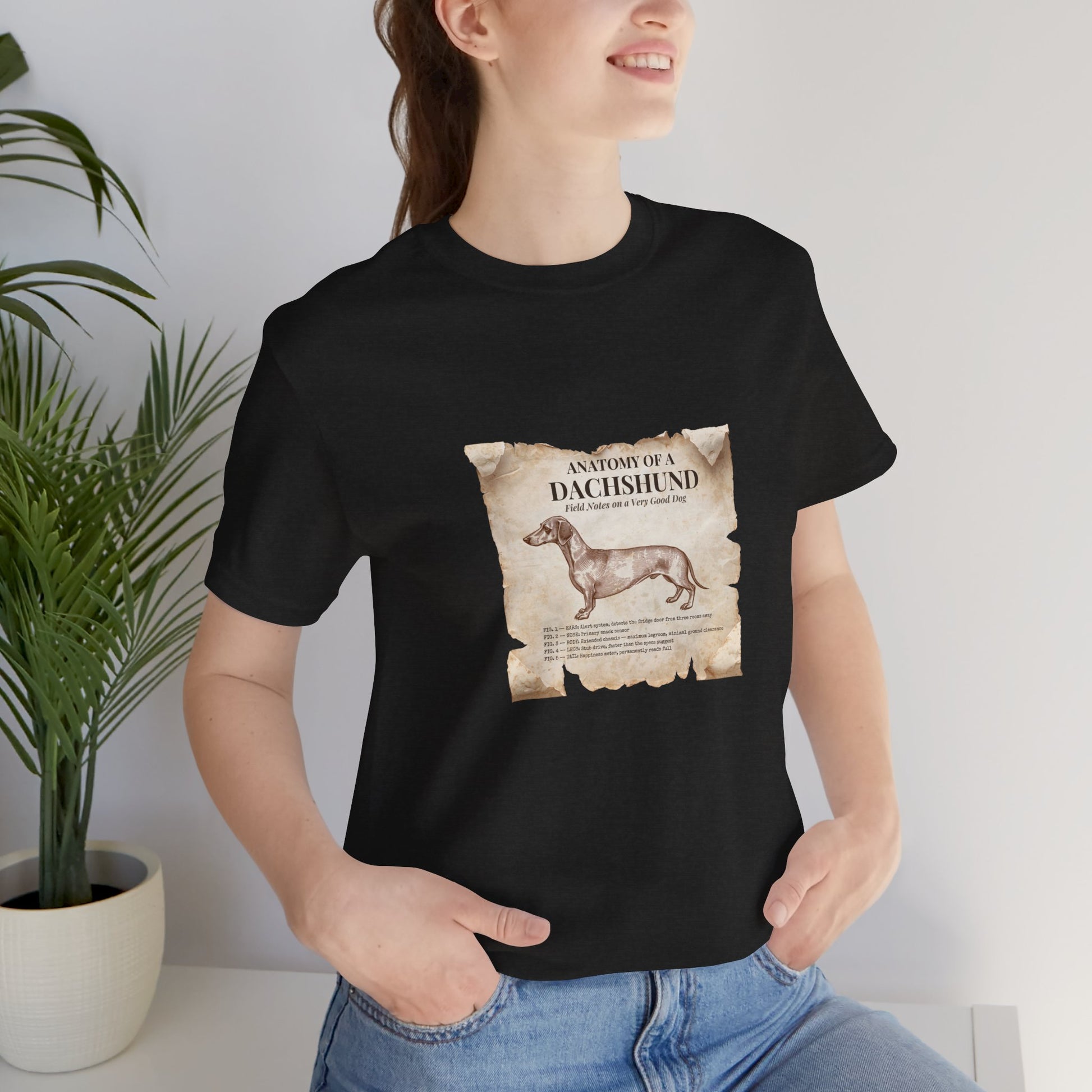 Dachshund Anatomy t-shirt close-up of the chest print
