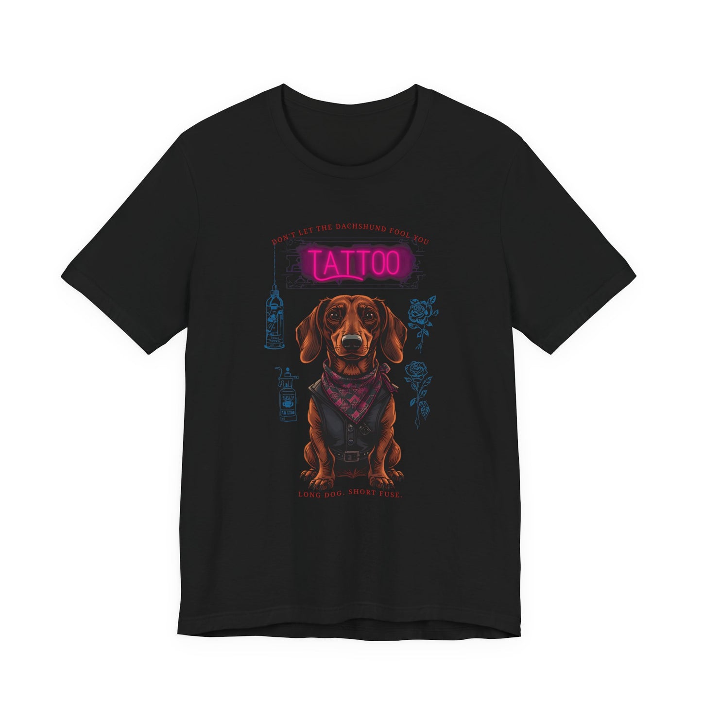 Dachshund Biker Ink Shop t-shirt in black, flat lay