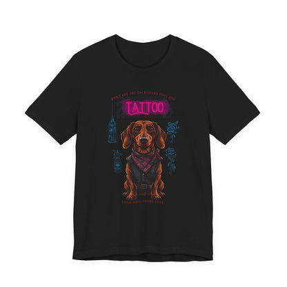 Dachshund Biker Ink Shop t-shirt in black, flat lay