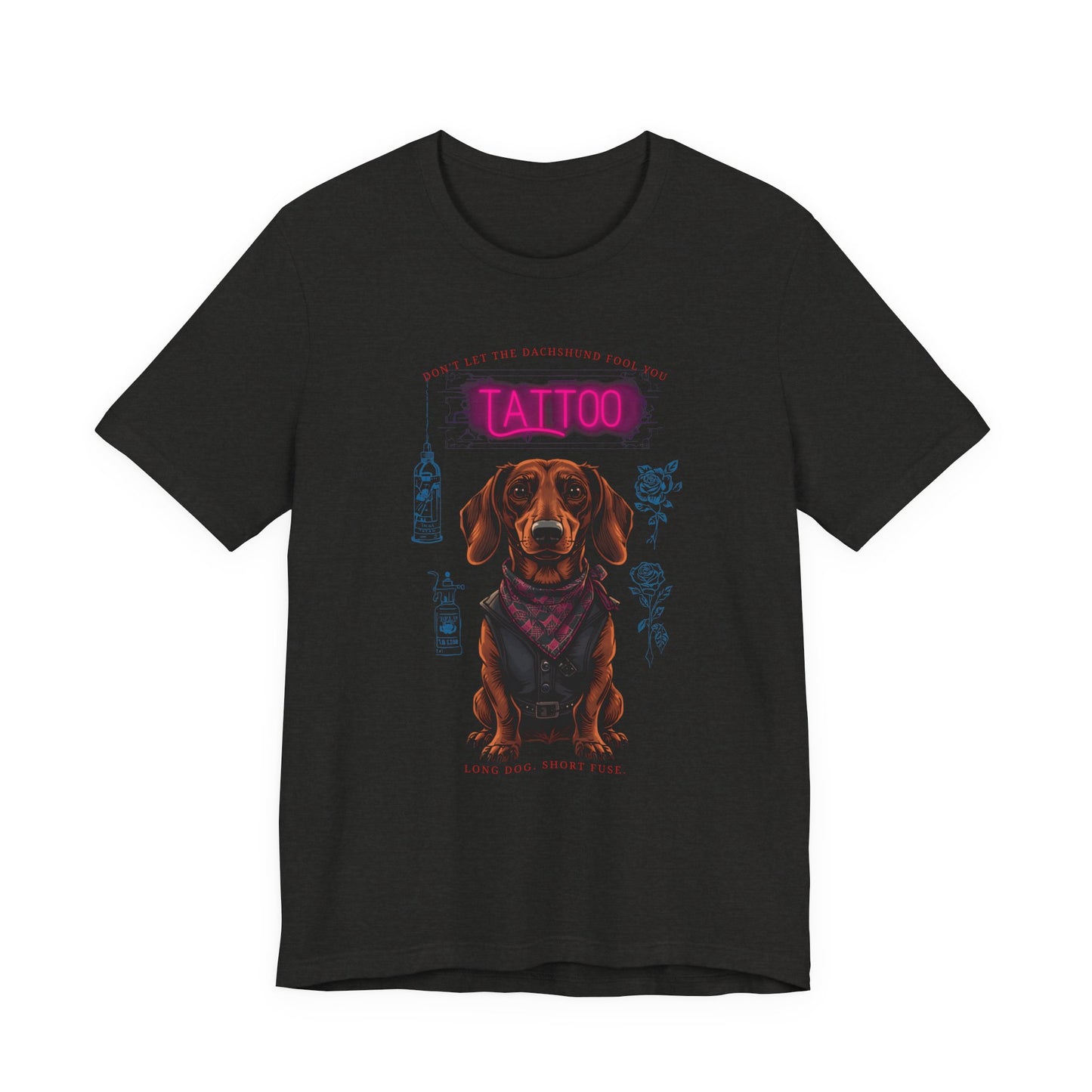 Dachshund Biker Ink Shop t-shirt in black heather, front view