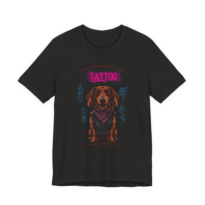 Dachshund Biker Ink Shop t-shirt in black heather, front view