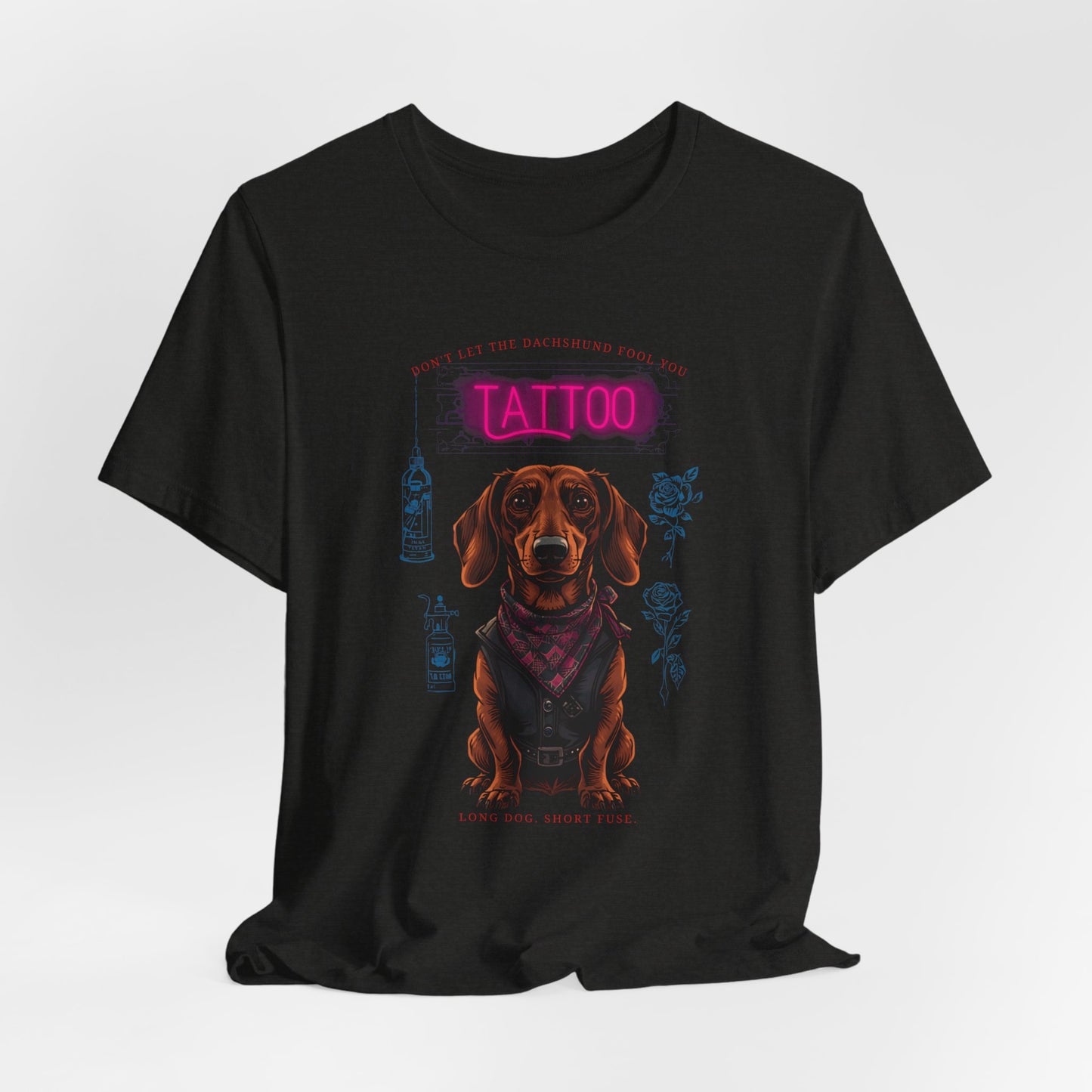 Dachshund Biker Ink Shop t-shirt in black heather, lifestyle photo